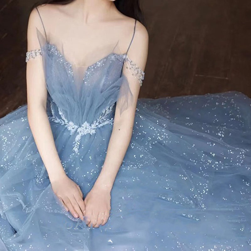 Stunning Blue Evening Dresses Layers Tulle with Beading Long Prom Dresses Lace-up Back High Waist