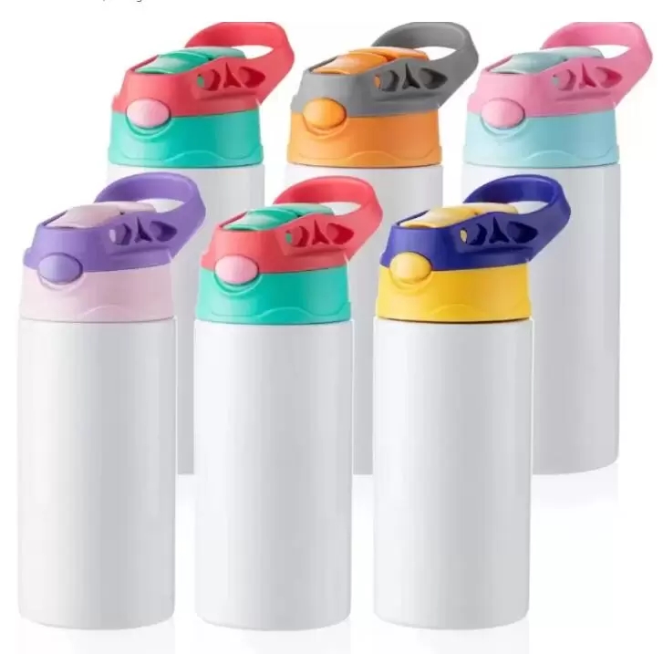 12oz Sublimation Blanks Kids Mugs Tumbler Baby Bottle Sippy Cups White Water Bottle with Straw and Portable Lid 6 Color Lids FY5286