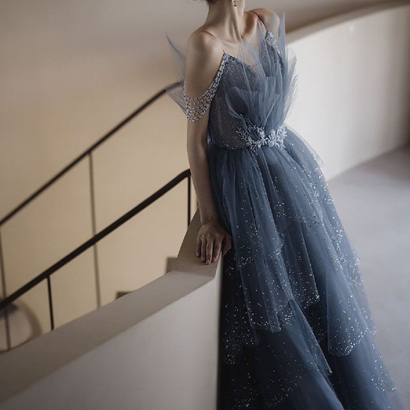 Stunning Blue Evening Dresses Layers Tulle with Beading Long Prom Dresses Lace-up Back High Waist