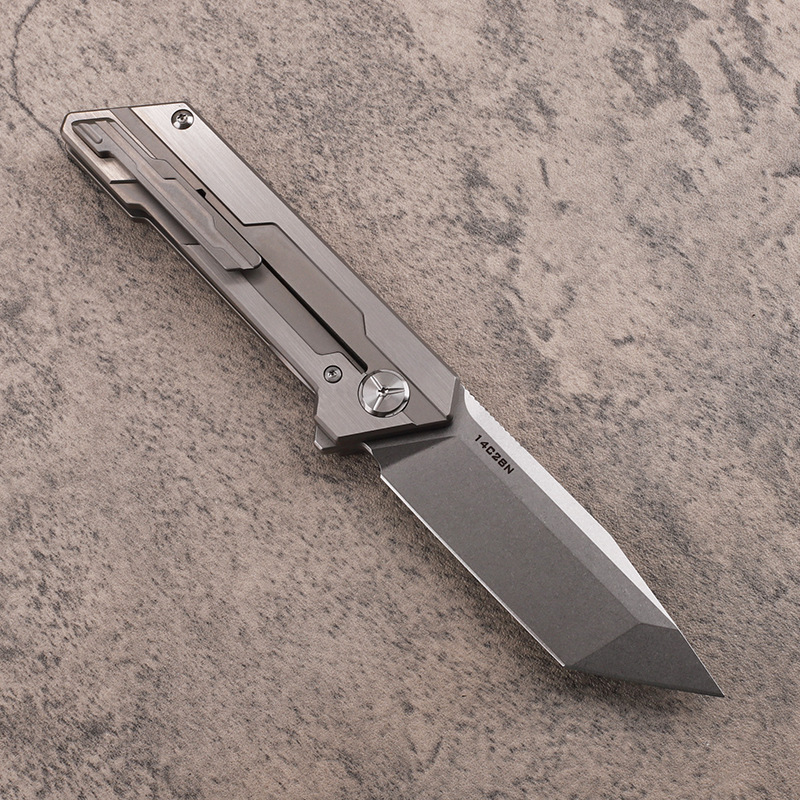 New A2257 High End Flipper Folding Knife 14C28N Stone Wash Tanto Blade CNC TC4 Titanium Alloy Handle Outdoor EDC Pocket Fast Open Folder Knives