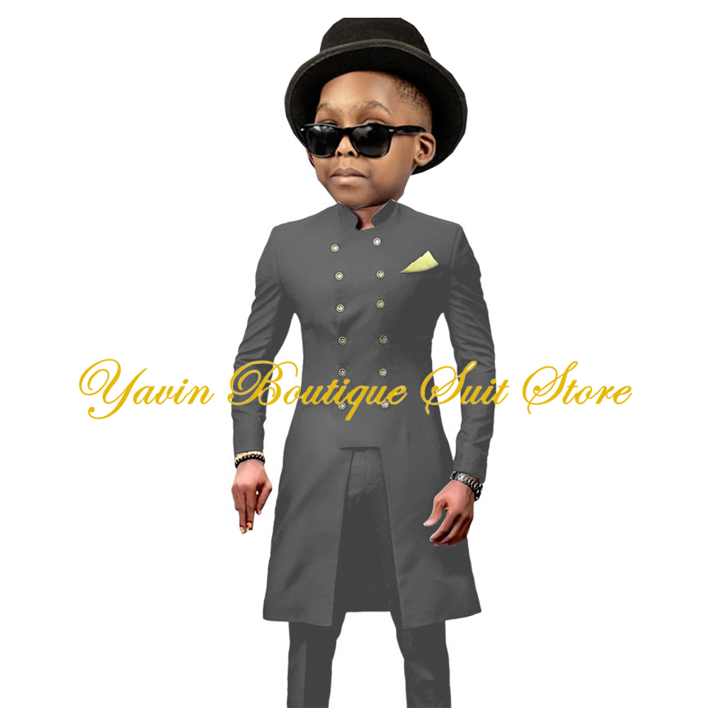Indian Style Boy's Suit 2 Pieces Long Double Breasted Jacket Pants Set Wedding Party Tuxedo Formal Kids Blazer Clothes