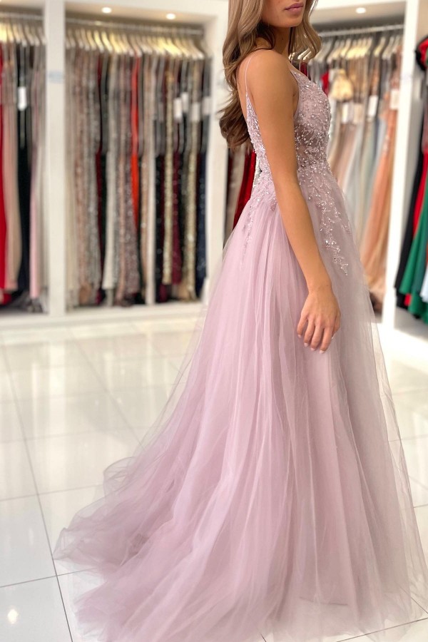 Stunning Pink Chamapgne Blue Prom Dresses A E Spahgetti Straps Split Evening Gowns With Beads Sequins Backless Party Vestidos Bc5488 6660311