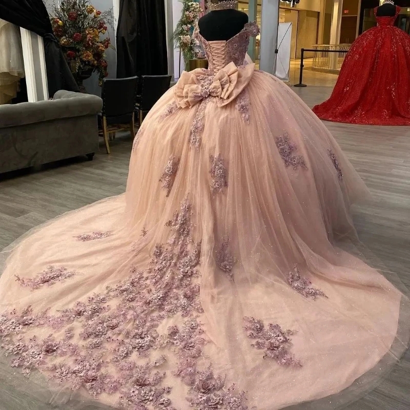Pink Shiny 3D Flower Appliques Quinceanera Dresses With Bow Ball Gowns Tulle Princess Sweet 16 Dress Lace Up Vestidos De 15 0431