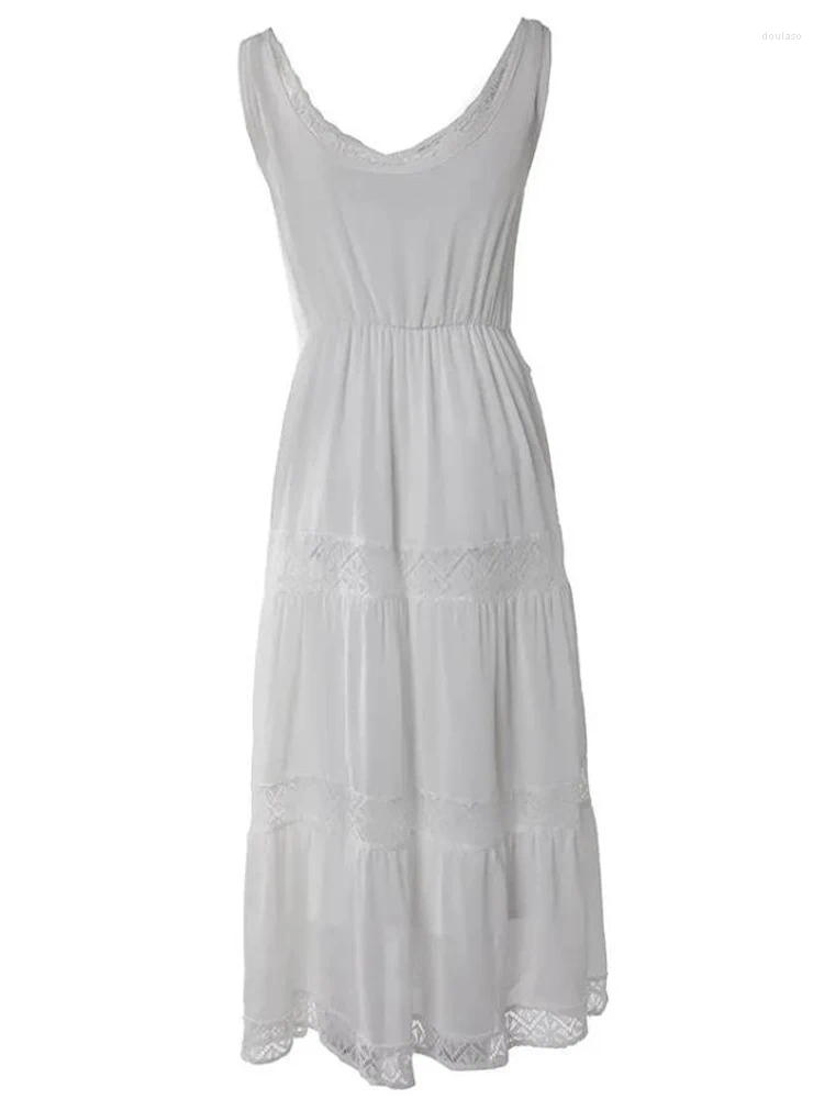 Casual Dresses Boho White Long Women Summer Off Shoulder V-Neck High Waist Lace Dress Beach Holiday Midi Vestidos De Mujer