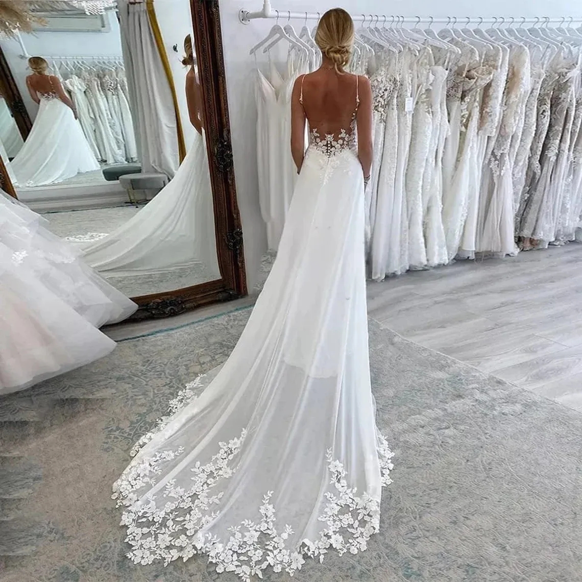 Sexy Spaghetti Beach Chiffon Wedding Dress A Line Long Boho Bridal Gowns Lace Applique Sleeveless Backless Summer Bride Dresses