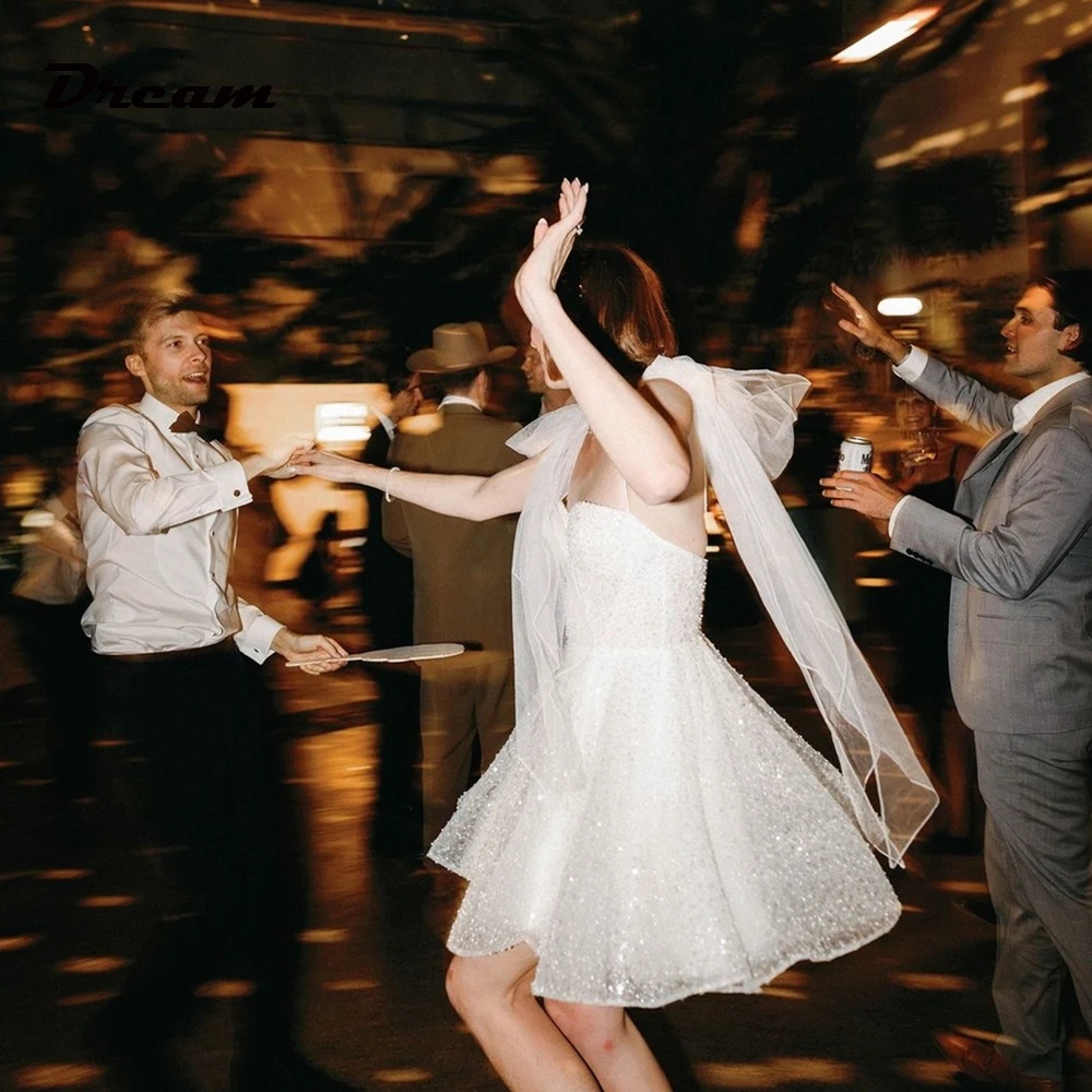 Sequined A-Line Short Wedding Dress Bow Tulle Shoulder Strap Sweetheart Bridal Party Gowns Above Knee Vestido De Novia Custom Made