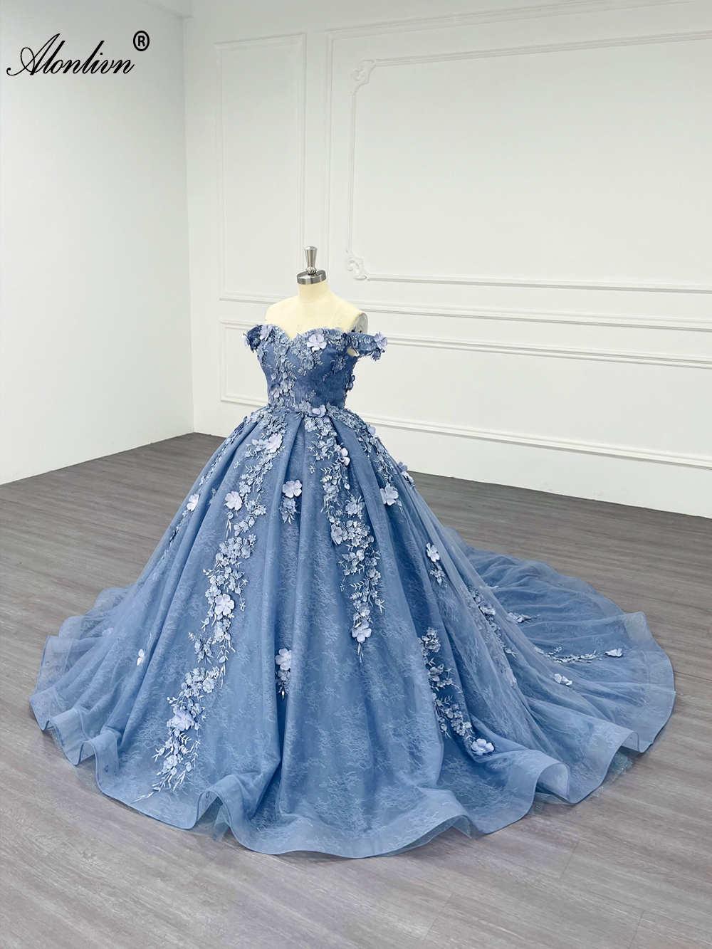 Alonlivn Elegance Off Shoulder Sleeves Ball Gown Wedding Dresses Beaded Embroidery Lace 3D Flowers Sweetheart Princess Bridal Gowns