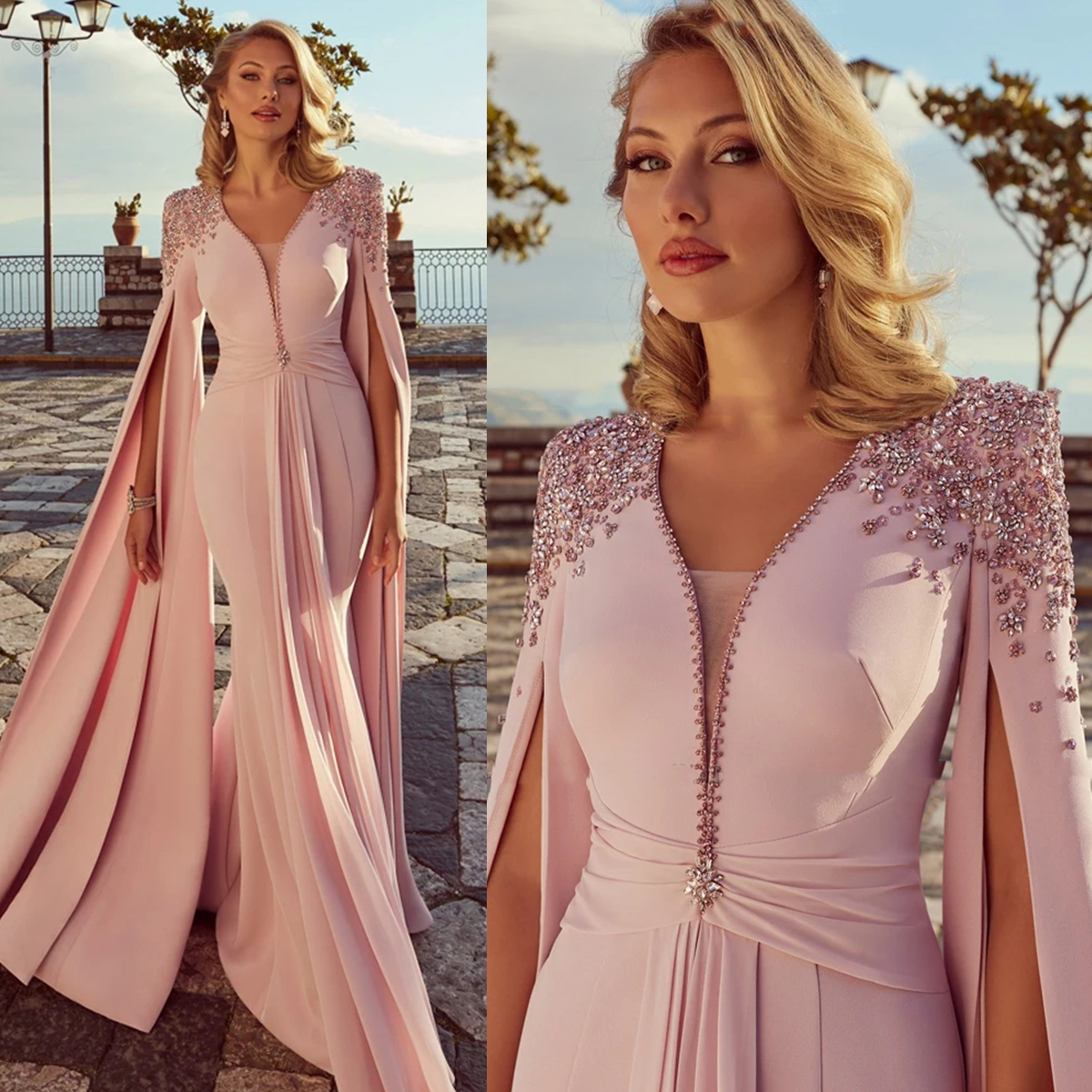 Elegant Pink Crystals Beaded Mother Of The Bride Dresses Ruched Satin Mermaid Wedding Guest Dress Long Cape Sleeves Deep V-Neck Exquite Formal Evening