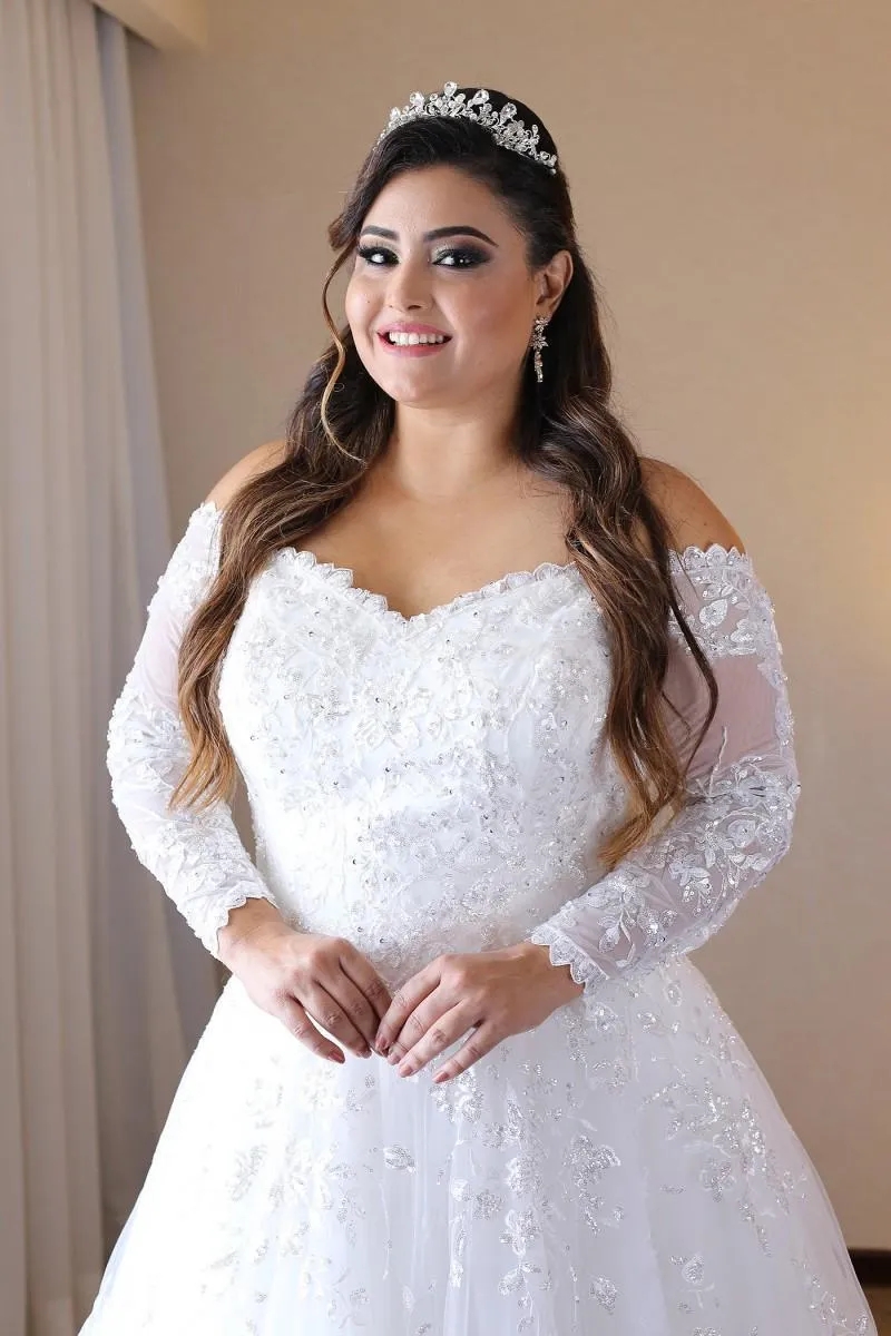 Amazing Lace Plus Size Wedding Dresses Off The Shoulder Sheer Long Sleeves Bridal Gowns A Line Illusion Back Sweep Train Wedding Vestidos