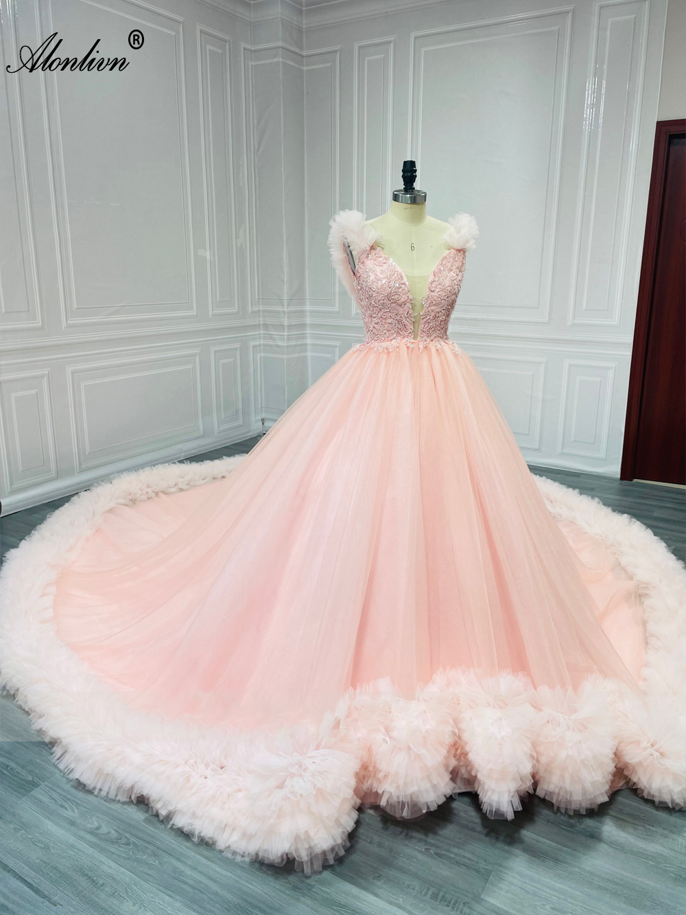 Alonlivn Real Pictures Romance Royal train Ball Gown Wedding Dress Beads Appliques V-Neck Princess Bridal Gowns