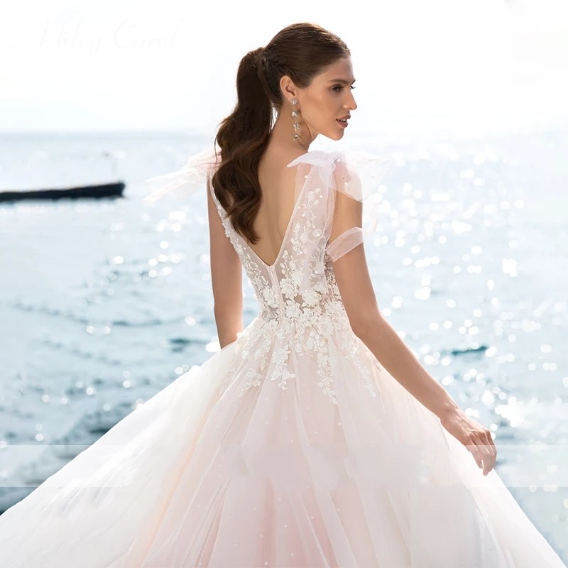 Romantic Wedding Dress 2024 Boho Pearls Tulle Princess Backless V-Neck Flowers Appliques Bridal Bride Gowns Vestidos De Novia