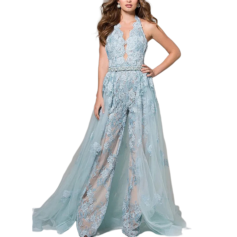 Lace Prom Modern Jumpsuits Dresses with Detachable Train Appliques Halter Neck Evening Wear Sexy Backless Long Formal Party Gowns for Women