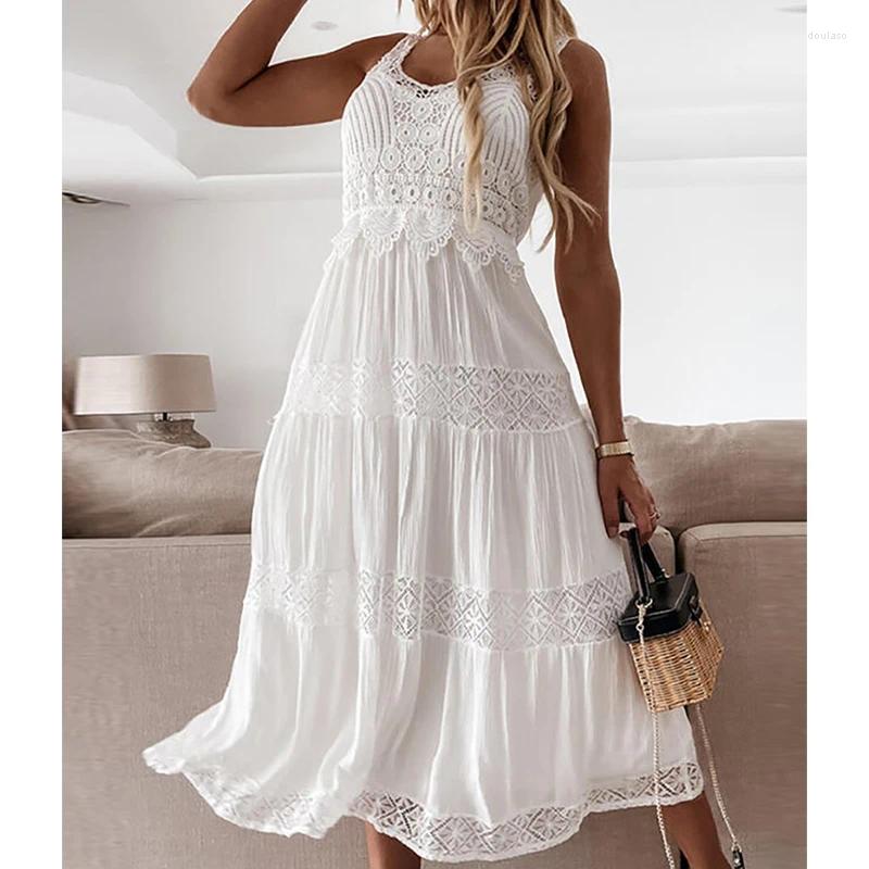 Casual Dresses Boho White Long Women Summer Off Shoulder V-Neck High Waist Lace Dress Beach Holiday Midi Vestidos De Mujer