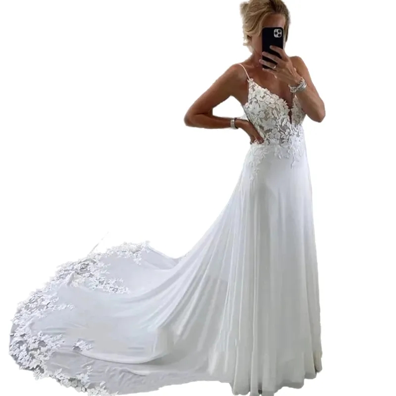 Sexy Spaghetti Beach Chiffon Wedding Dress A Line Long Boho Bridal Gowns Lace Applique Sleeveless Backless Summer Bride Dresses