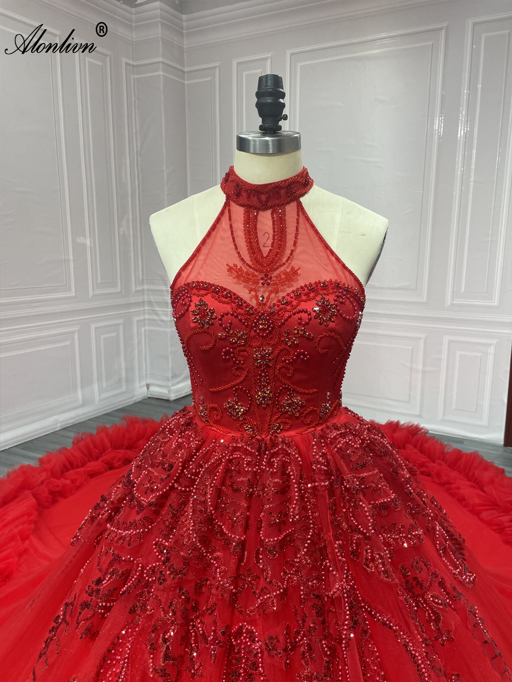 Alonlivn Real Pictures Luxury Royal train A-Line Wedding Dress Beads Pearls Embroidery Lace Halter Collar Sleeveless Bridal Gowns