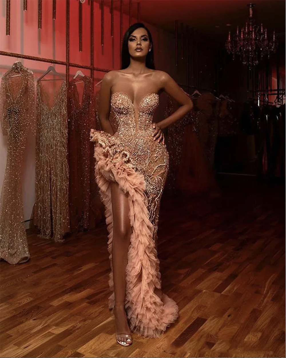 Prom Mermaid Sweetheart Dress Sparkly Beaded Ruffles High Slit Arabic Evening Gowns Vestidos De On Formales