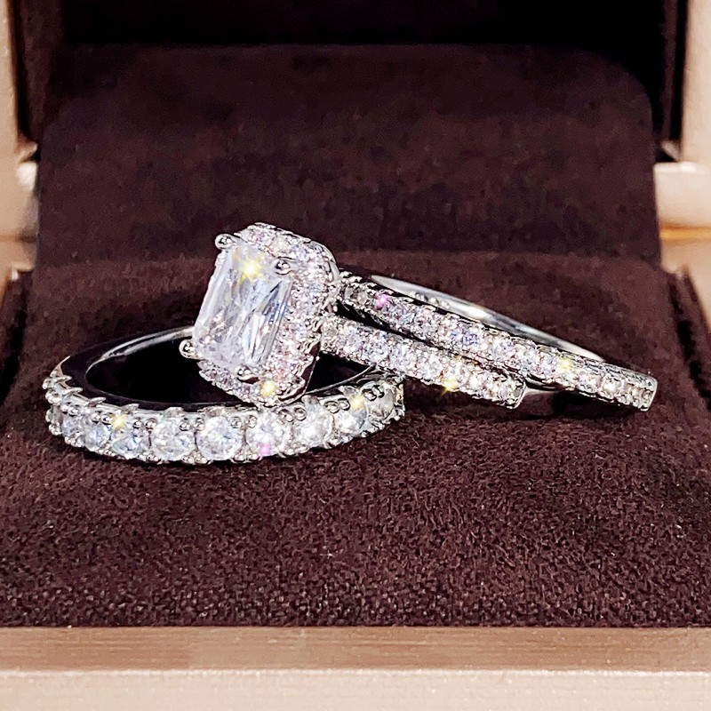 Handmade Elegant Wedding Rings Jewelry Sterling Sier Princess Cut White 5A Cubic Zircon CZ Dia Gemstones Party 3pcs Women Bridal Ring Set Gi