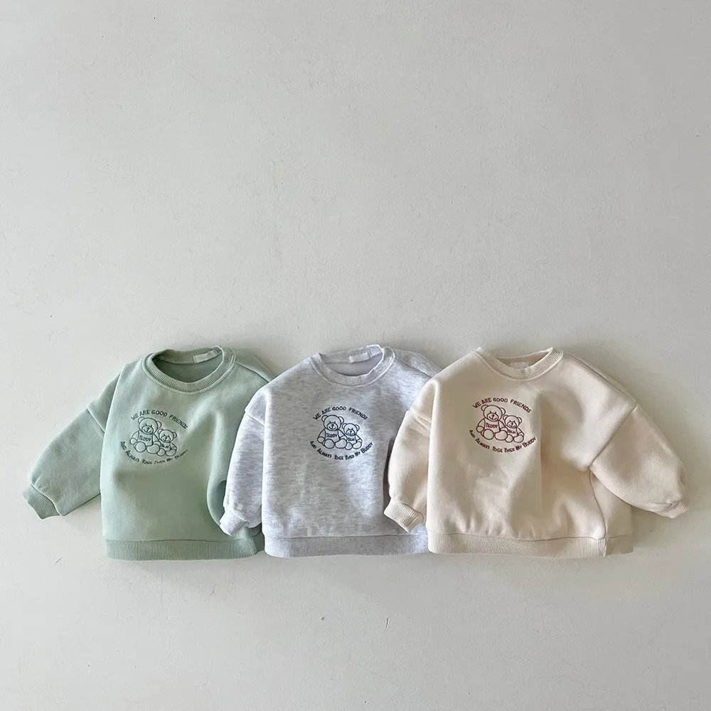 Korean Autumn Infant Boys Sweatshirt Cotton Long Sleeve Plus Velvet Cartoon Pullover Baby Tops born Outfits 240220