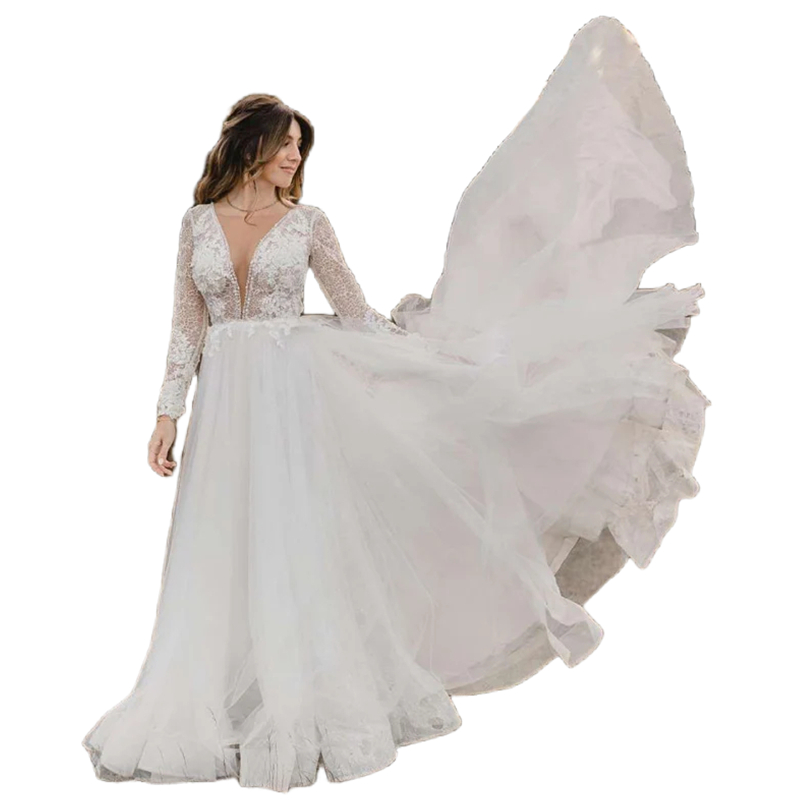 Sexy Backless A Line Tulle Wedding Dress Illusion Deep V-neck Long Sleeves Lace Appliques Country Bridal Gowns 2024 Boho Beach Bride Dresses