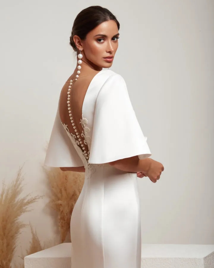 .Elegant Satin Mermaid Wedding Dresses Sheer V Neck Short Sleeve Bridal Gowns Beads Backless Sweep Train Slim Wedding Dress