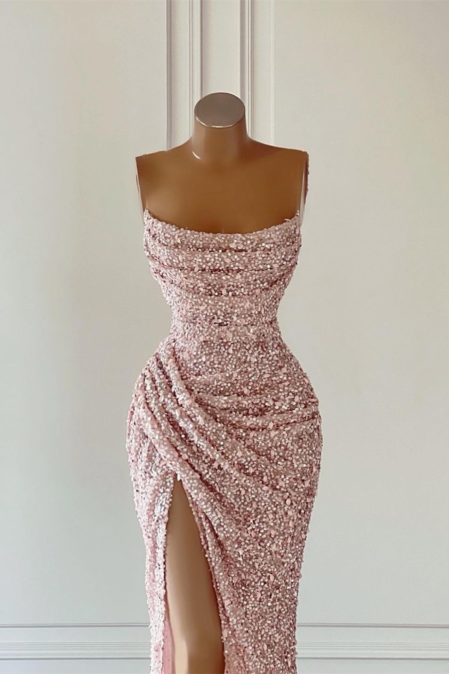 Rose Gold Pink Sequins Prom Dresses Sexy Mermaid Strapless Split High Evening Gowns African Girls Formal Party Occasion Gowns Custom Made BC15182