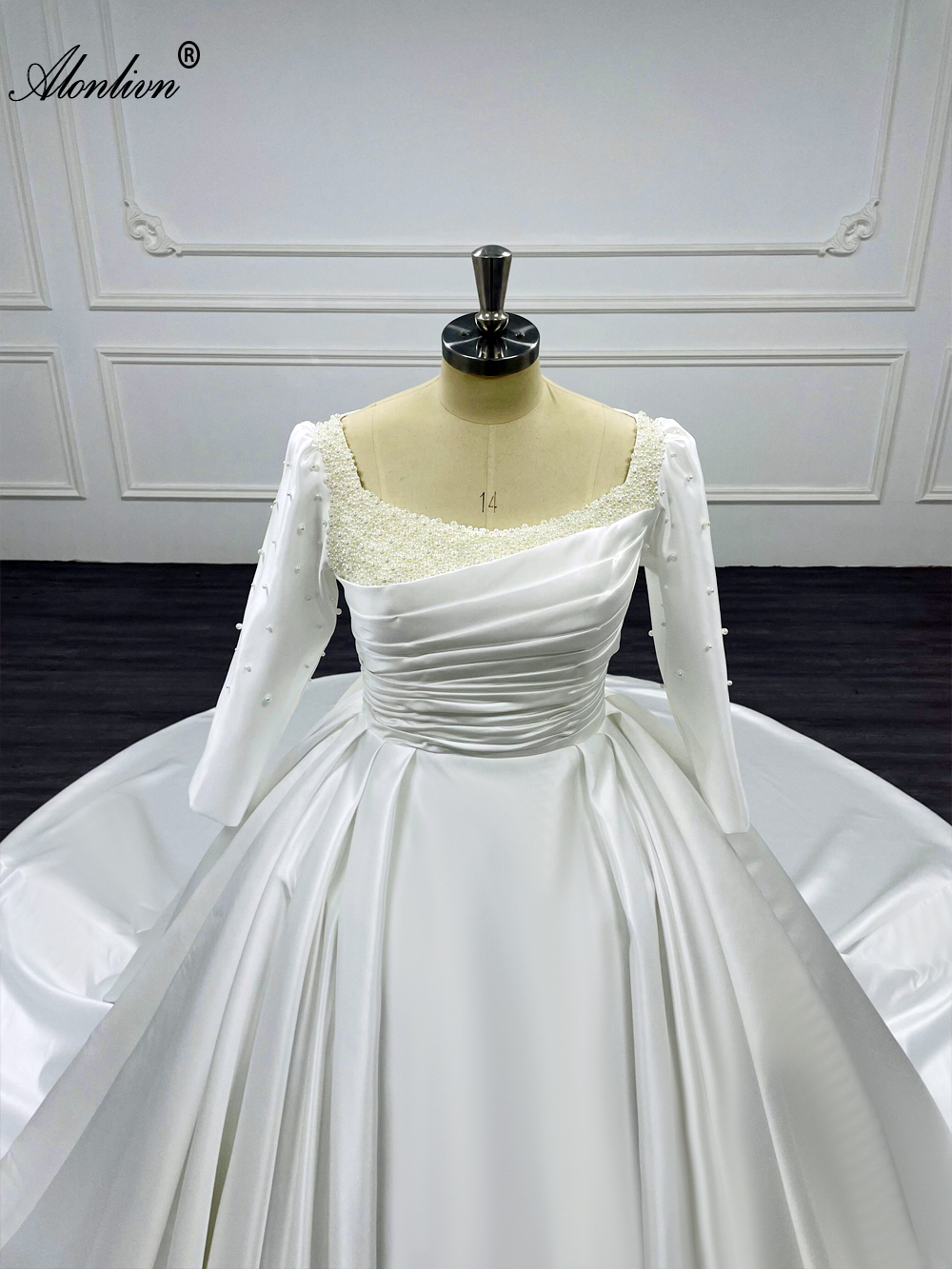 Alonlivn Lustrous Satin Princess Ball Gown Wedding Dresses Pearl Beaded Pearls Square Collar Full Sleeves White Ivory Bridal Gowns