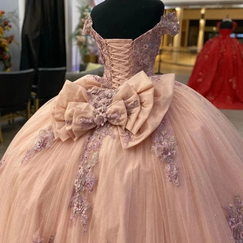 Pink Shiny 3D Flower Appliques Quinceanera Dresses With Bow Ball Gowns Tulle Princess Sweet 16 Dress Lace Up Vestidos De 15 0431