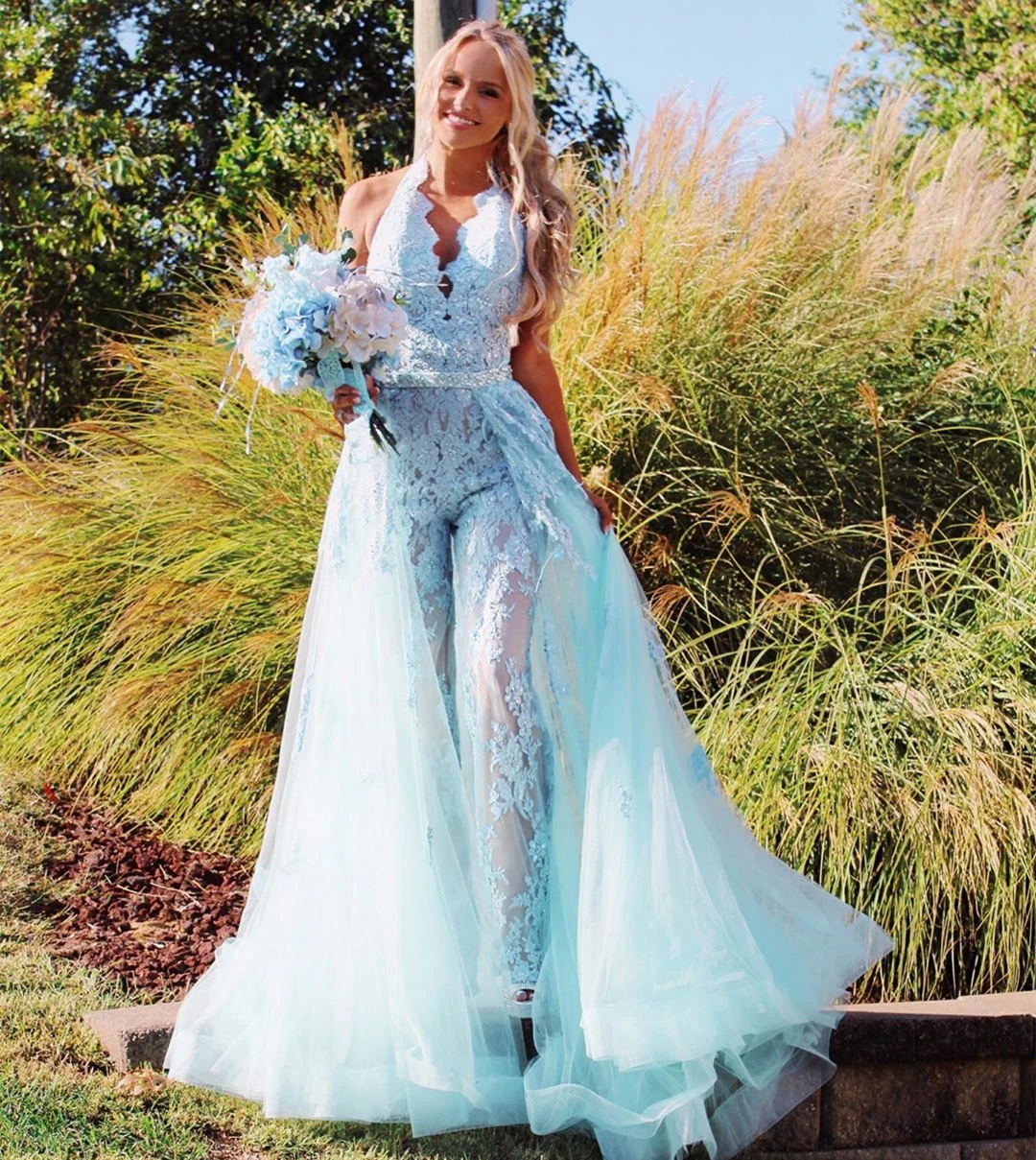 Lace Prom Modern Jumpsuits Dresses with Detachable Train Appliques Halter Neck Evening Wear Sexy Backless Long Formal Party Gowns for Women