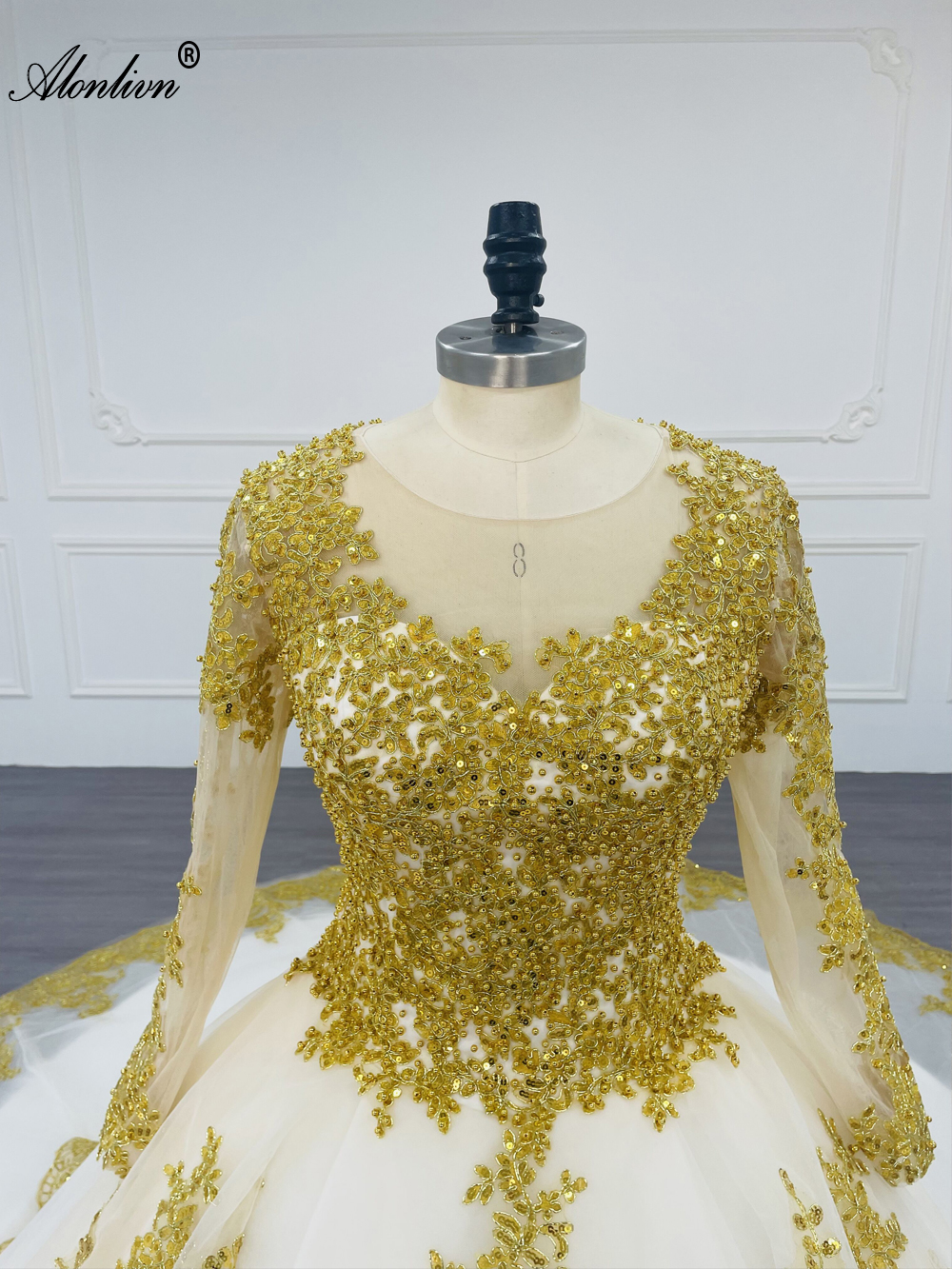 Alonlivn 100% Real Photos Beauty O-Neck Ball Gown Wedding Dress With Beading Rhinestones Pearls Golden Embroidery Lace Full Sleeves Bridal Gowns