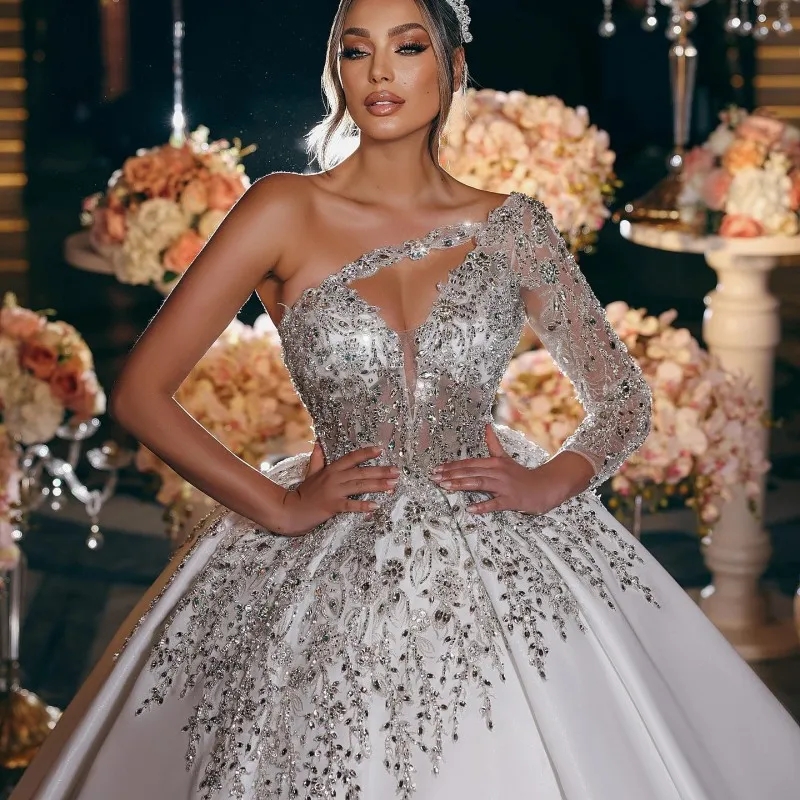 Ball Gown Princess Wedding Dresses One Shoulder Long Sleeve Vestido Novia Lace Beaded Cathedral Train Robe De Mariee