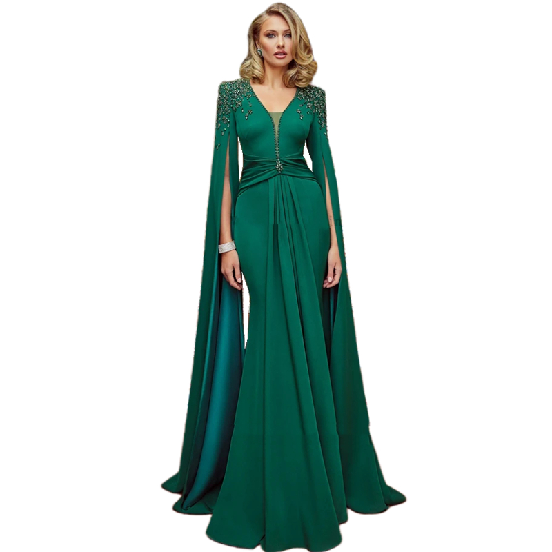 Elegant Green Mother Of The Bride Dresses Crystal Beaded V-Neck Cape Sleeves Satin Mermaid Long Wedding Guest Dress For Women 2024 Arabic Dubai Formal