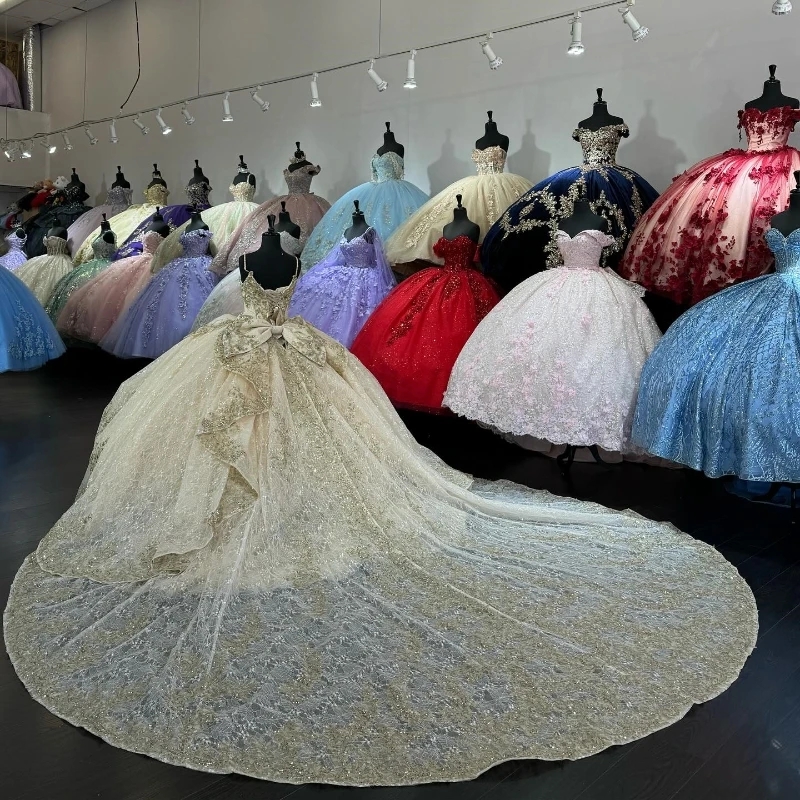 Champagne Light Sexy Spaghetti Strap Quinceanera Dress Sequin Appliques Lace Beads Lace Up Cinderella Vestidos De Anos Up