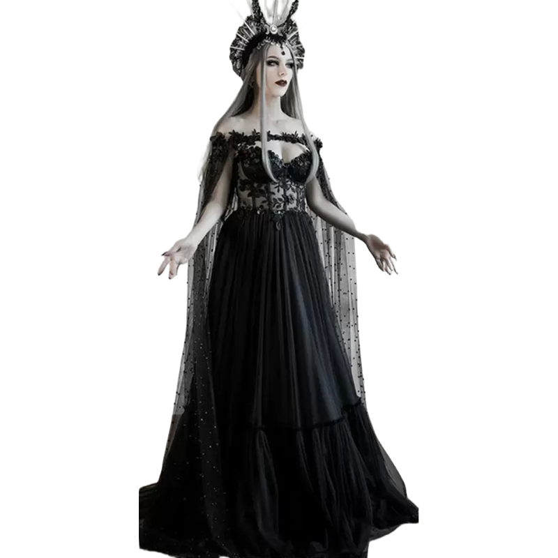 2024 Gothic Wedding Dress With Long Wrap Pearls Beaded Black A-Line Long Tulle Bridal Gowns Lace Appliques Illusion Corset Sexy Vintage Bride Formal W