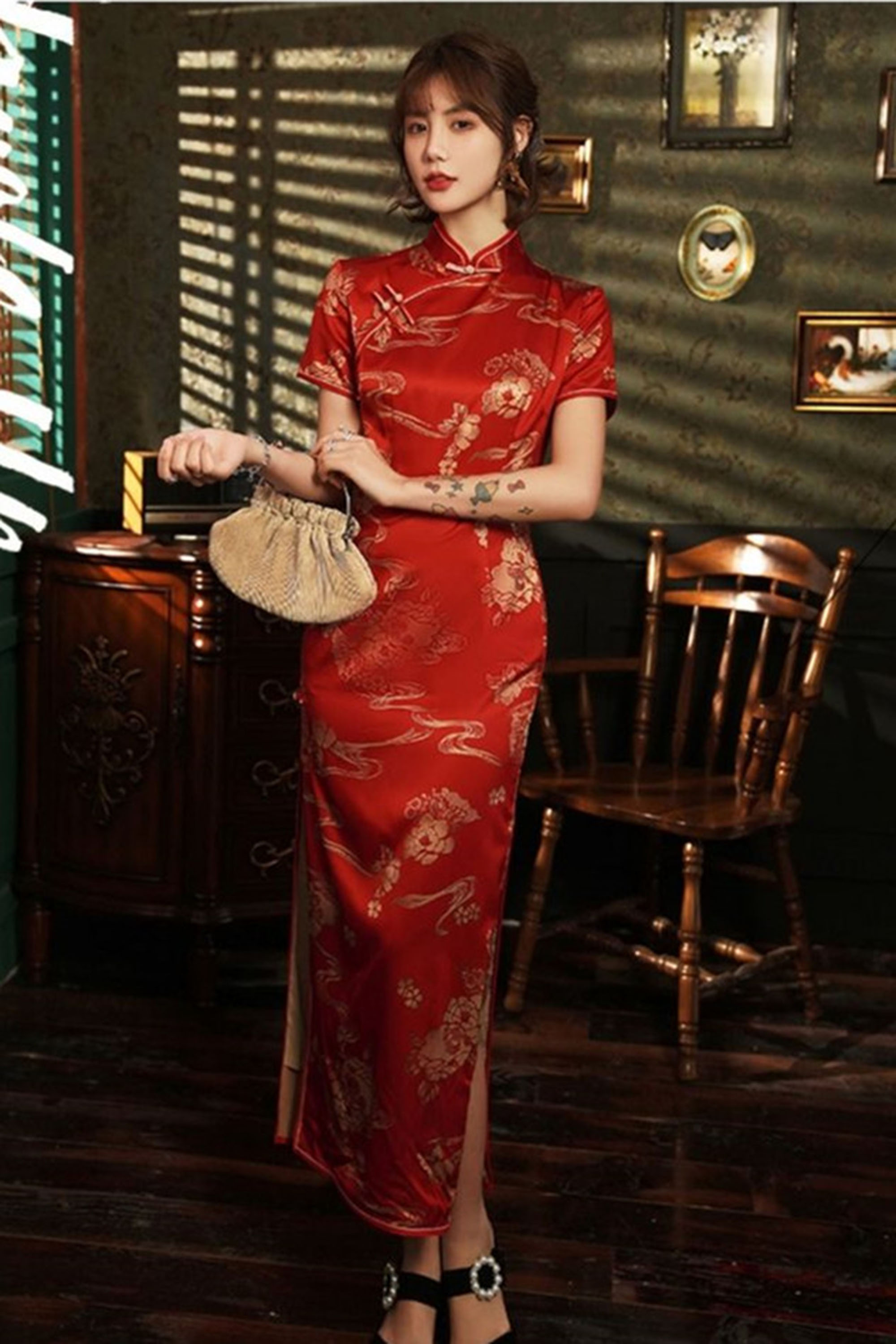 Vintage Floral Print Red Bridal Cheongsam Qipao Dress Mandarin Collar Keyhole Short Sleeve Chinese Style Party Dress