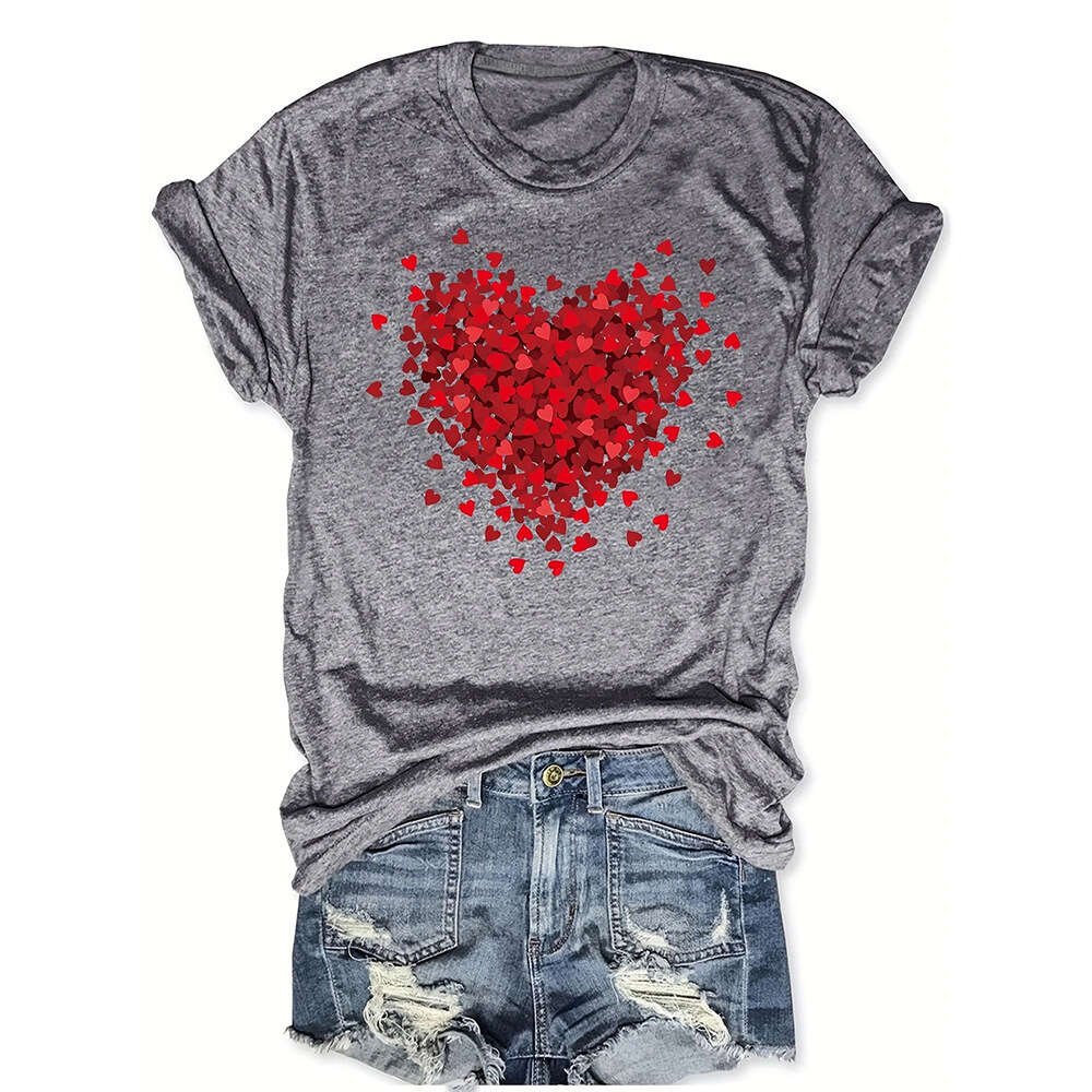 Women's Petal Love Valentine's Day Print Casual Loose Round Neck Short Sleeve T-shirt