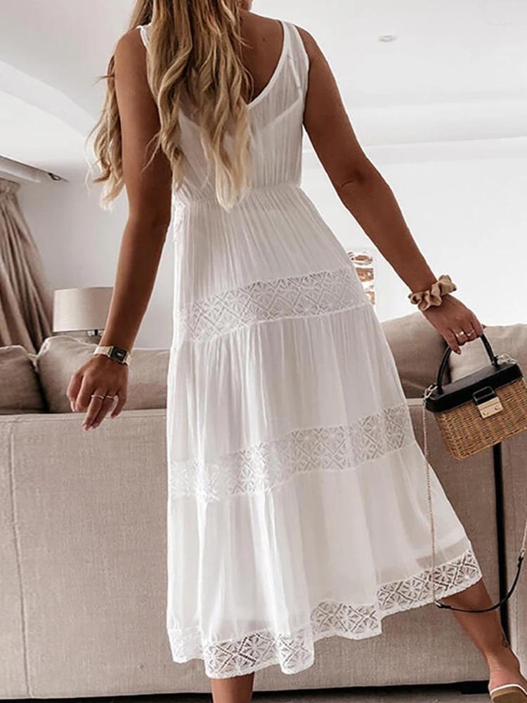 Casual Dresses Boho White Long Women Summer Off Shoulder V-Neck High Waist Lace Dress Beach Holiday Midi Vestidos De Mujer