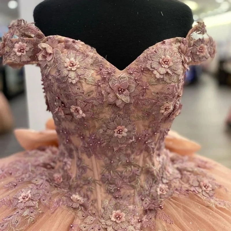 Pink Shiny 3D Flower Appliques Quinceanera Dresses With Bow Ball Gowns Tulle Princess Sweet 16 Dress Lace Up Vestidos De 15 0431