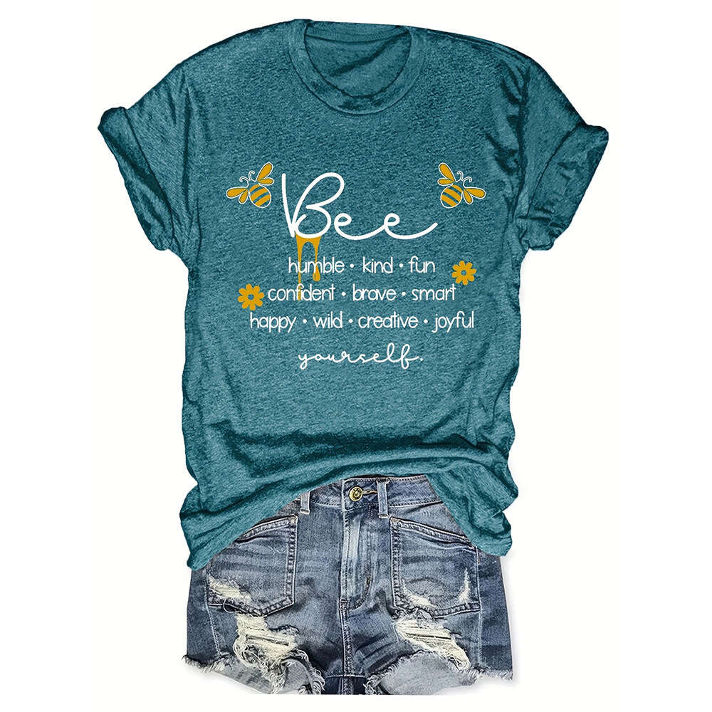 Bee Letter Printing Casual Loose Round Neck Short Sleeve T-shirt Women's Top