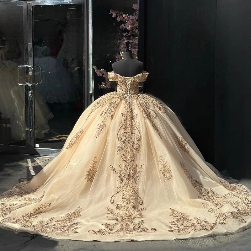 Champagne Shiny Quinceanera Dresses Off The Shoulder Appliques Sequined Lace Sweet 15 Birthday Party Dress Vestidos De 0431