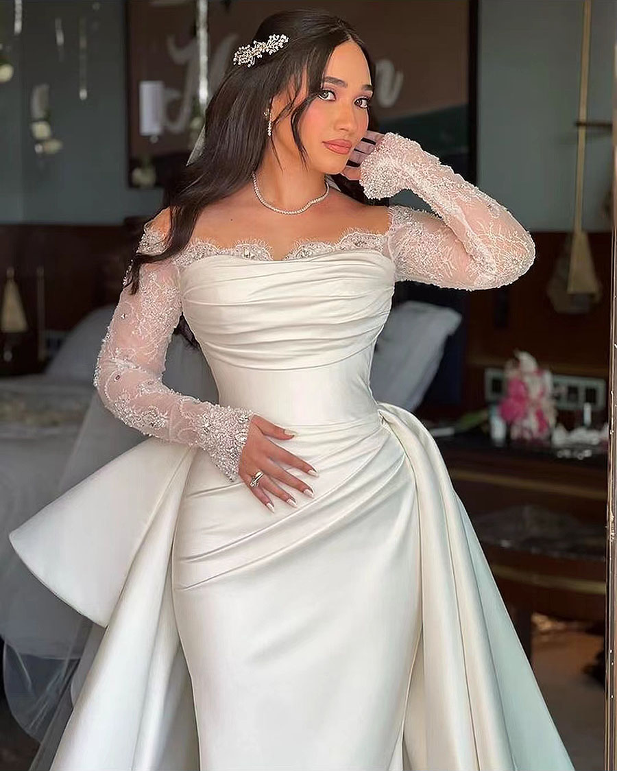 White Mermaid Dresses Formal Off The Shoulder Lace Stain Long Sleeve Bridal Dress Boho Beach Wedding Gowncustom Size Vestidos De Novia 326 322