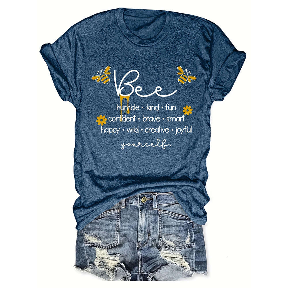 Bee Letter Printing Casual Loose Round Neck Short Sleeve T-shirt Women's Top