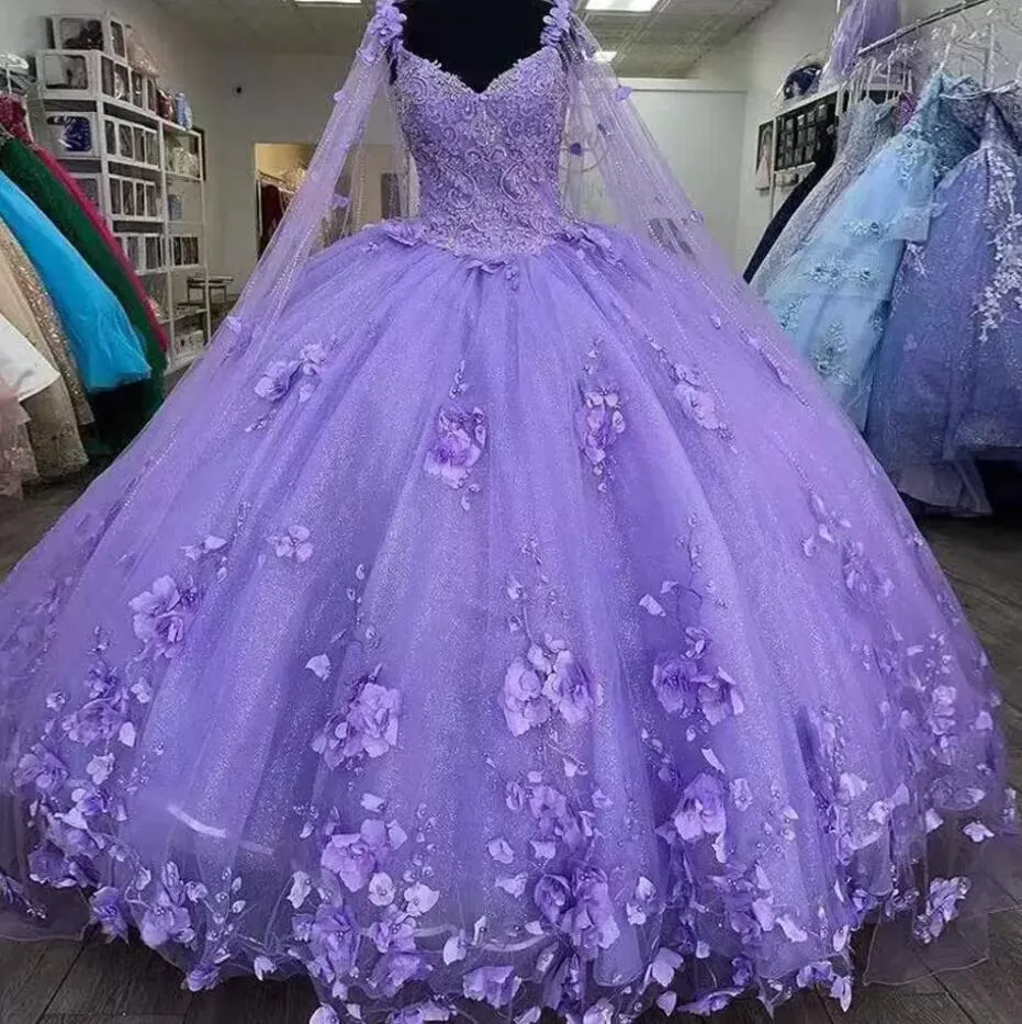 Glitter Purple Quinceanera Dresses Spaghetti Strap With Wrap Sweet 15 Gowns 3D Flower Bead Vestidos 16 Prom Party Wears Bc13035