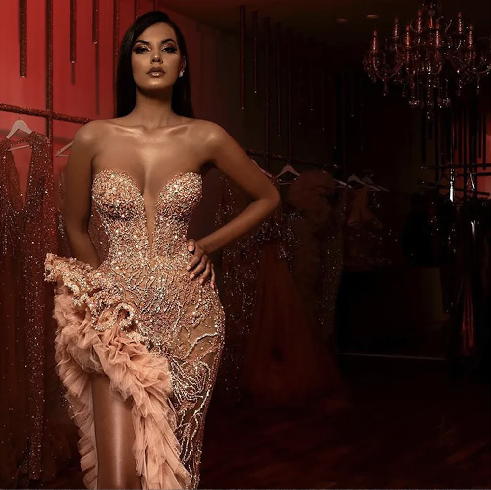Prom Mermaid Sweetheart Dress Sparkly Beaded Ruffles High Slit Arabic Evening Gowns Vestidos De On Formales