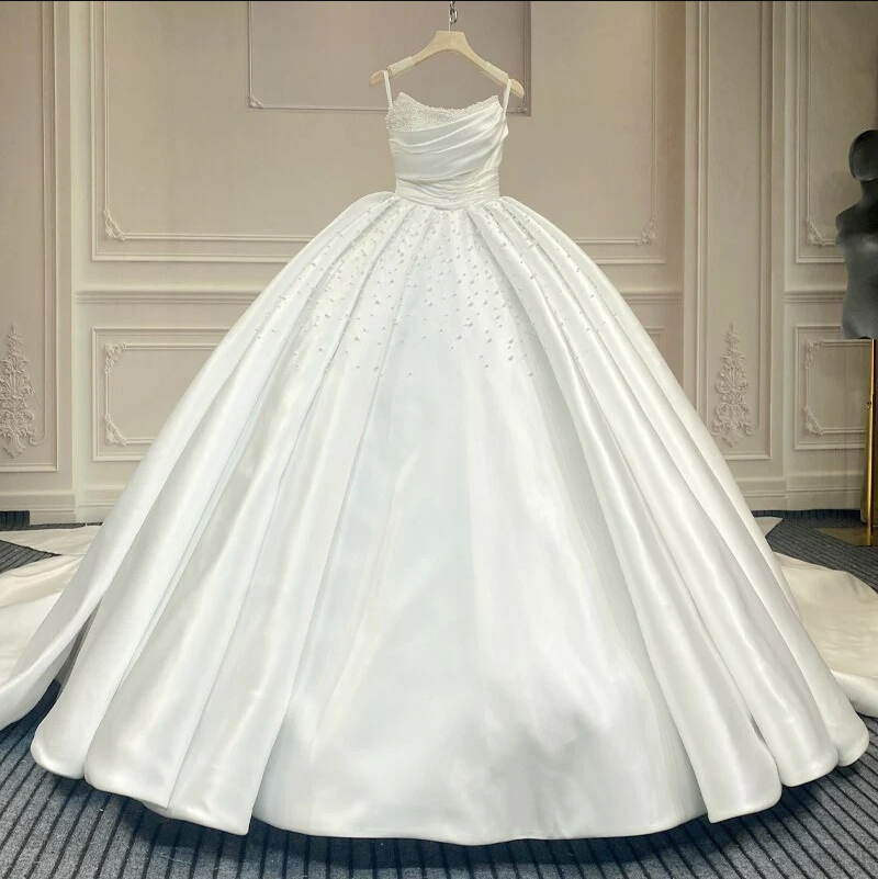 Luxury Lustrous Satin Princess Ball Gown Wedding Dresses Pearl Beaded Off The Shoulder White Ivory Wedding Dress