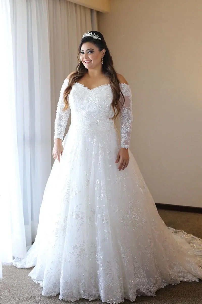Amazing Lace Plus Size Wedding Dresses Off The Shoulder Sheer Long Sleeves Bridal Gowns A Line Illusion Back Sweep Train Wedding Vestidos