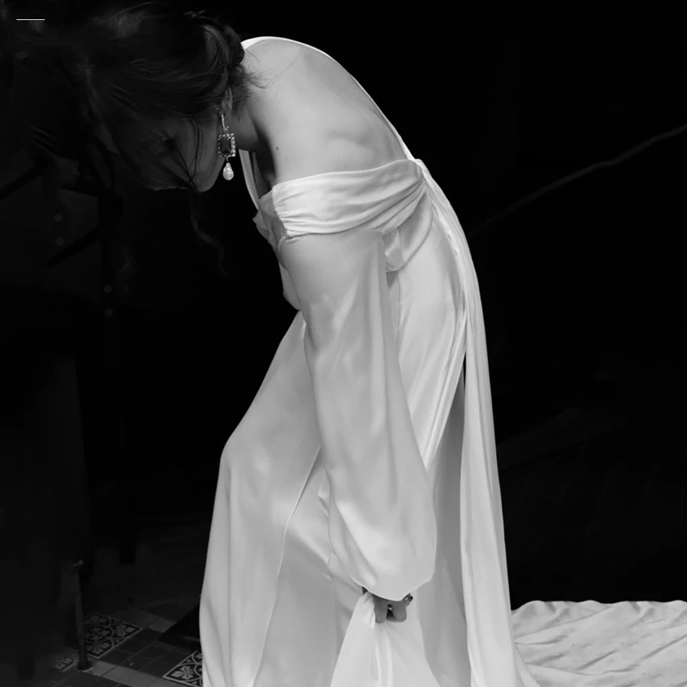 V Neck Long Puff Sleeves Bobo Wedding Dress 2024 A Line Backless High Slit Sweep Train Simple Chiffon Bridal Gown Robe De Soiree