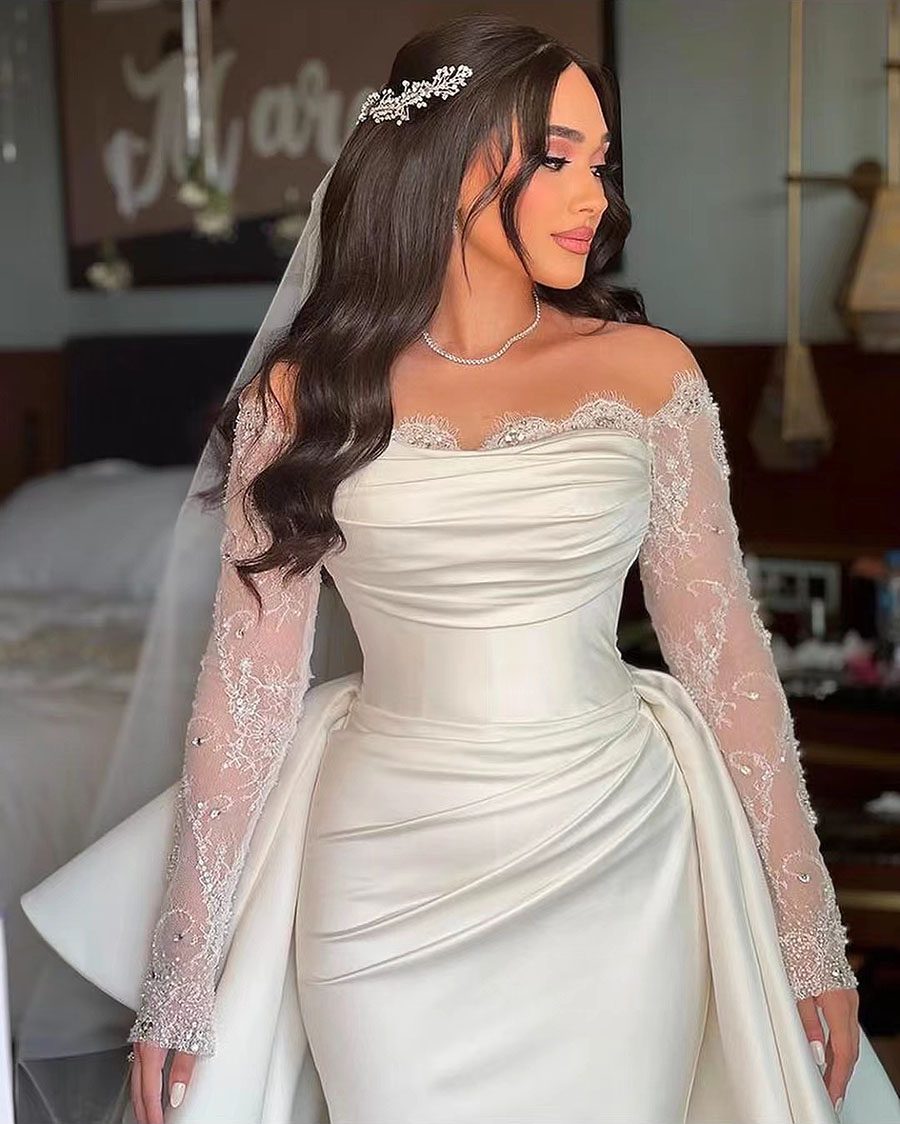 White Mermaid Dresses Formal Off The Shoulder Lace Stain Long Sleeve Bridal Dress Boho Beach Wedding Gowncustom Size Vestidos De Novia 326 322