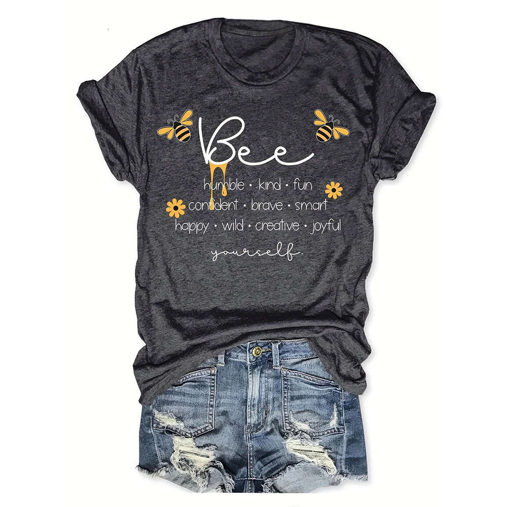 Bee Letter Printing Casual Loose Round Neck Short Sleeve T-shirt Women's Top