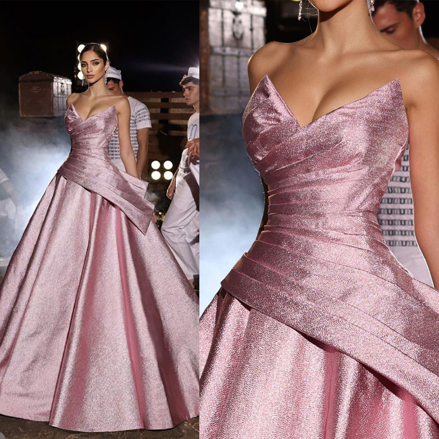Sparkly Pink A Line Prom Dresses Arabic African V Neck Sequined Women Plus Size Formal Evening Party Gowns