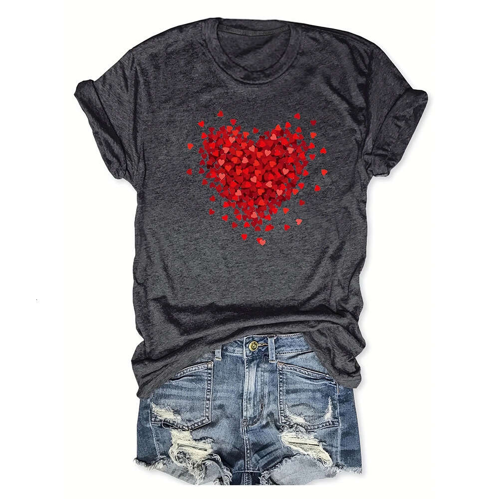 Women's Petal Love Valentine's Day Print Casual Loose Round Neck Short Sleeve T-shirt